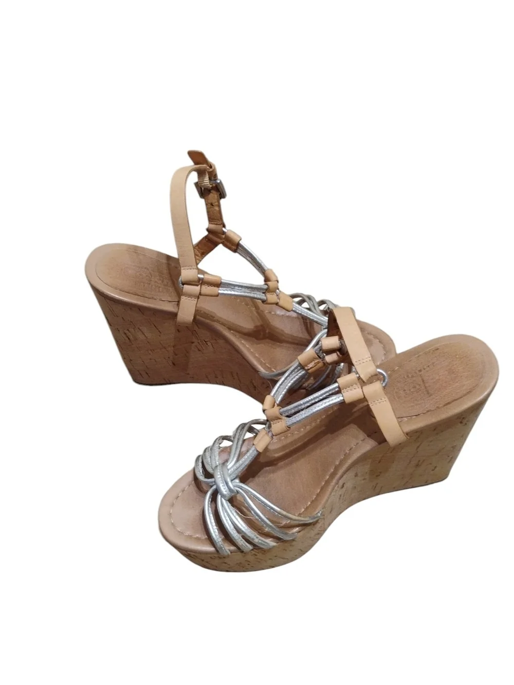 Coach Georgina Wedge Sandals with Cork Platform - Silver & Tan Size 6.5